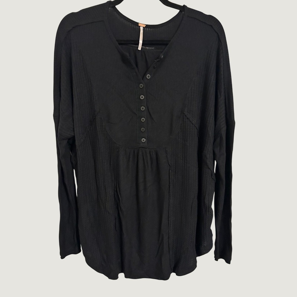 Free People Henley Top Women Small Black Excellent Waffle Knit Long Sleeve Boho